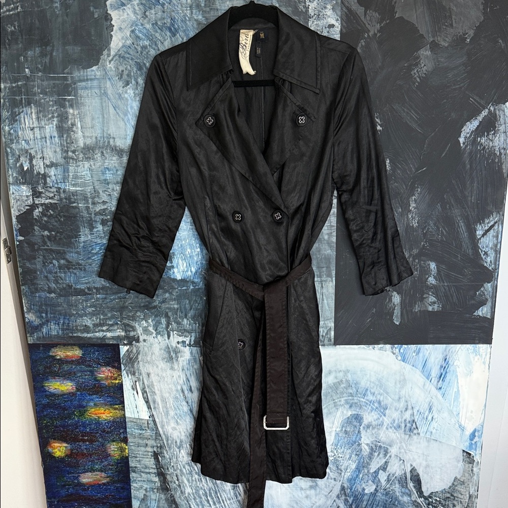 Juicy Couture Bird Label Black Trench Coat M 3/4 zipper sleeves double breasted